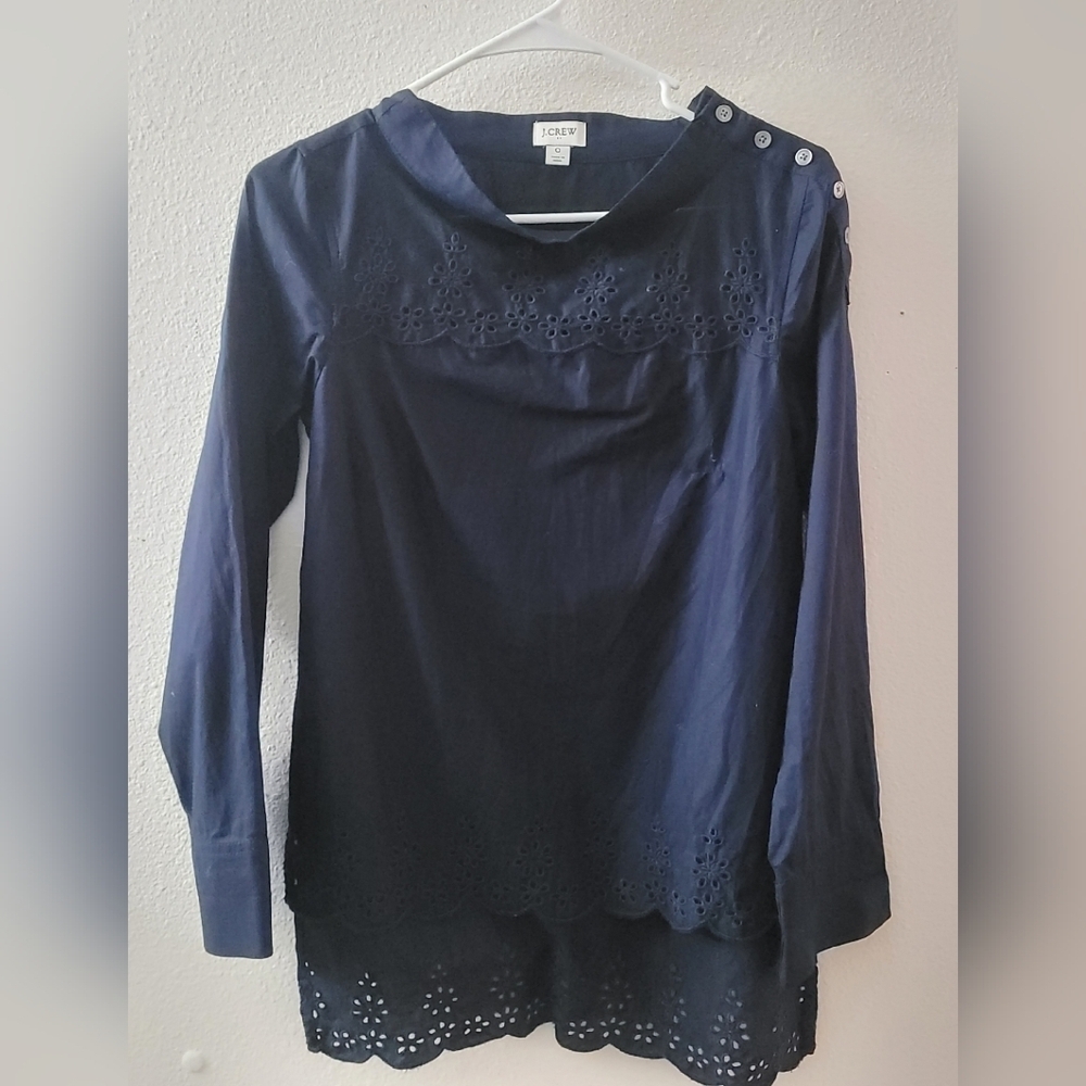 J. Crew Blue Embellished Long Sleeve Bib Collar Blouse